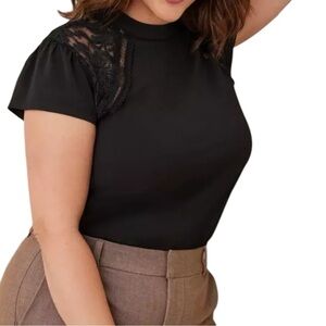 Studio Crepe Jersey Mock Neck Lace Inset Top